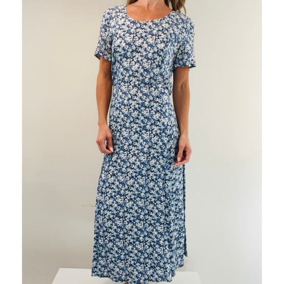 Vintage 1990s Rampage Short Sleeve Maxi Dress Tiebacks Blue Floral Medium JL - Picture 1 of 11